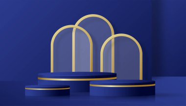 Güzel ve yaratıcı sembolleri olan yuvarlak podyum sahnesi. Mavi ve altın renkli arka plan kesimi. Kozmetik marka tasarımı ve reklamcılığı için..