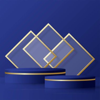 Güzel ve yaratıcı sembolleri olan yuvarlak podyum sahnesi. Mavi ve altın renkli arka plan kesimi. Kozmetik marka tasarımı ve reklamcılığı için..