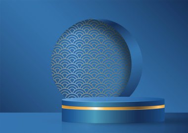 Güzel ve yaratıcı sembolleri olan yuvarlak podyum sahnesi. Mavi ve altın renkli arka plan kesimi. Kozmetik marka tasarımı ve reklamcılığı için..