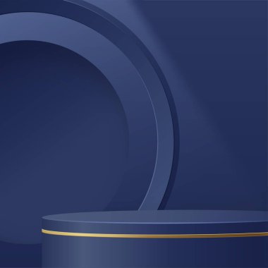 Güzel ve yaratıcı sembolleri olan yuvarlak podyum sahnesi. Mavi ve altın renkli arka plan kesimi. Kozmetik marka tasarımı ve reklamcılığı için..