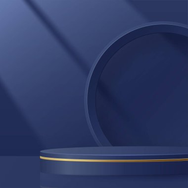 Güzel ve yaratıcı sembolleri olan yuvarlak podyum sahnesi. Mavi ve altın renkli arka plan kesimi. Kozmetik marka tasarımı ve reklamcılığı için..