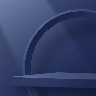 Güzel ve yaratıcı sembolleri olan yuvarlak podyum sahnesi. Mavi ve altın renkli arka plan kesimi. Kozmetik marka tasarımı ve reklamcılığı için..