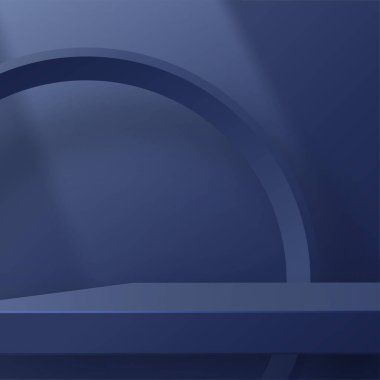 Güzel ve yaratıcı sembolleri olan yuvarlak podyum sahnesi. Mavi ve altın renkli arka plan kesimi. Kozmetik marka tasarımı ve reklamcılığı için..