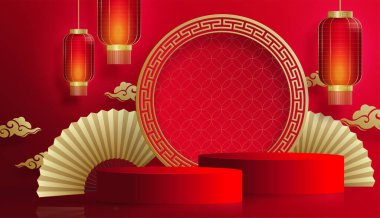 2022 yılı mutlu Çin yılı için Çin tarzı podyum sahnesi, Asya unsurları ile sanat ve zanaat kesimi ve renk arka planı (Çince çevirisi: mutlu yeni yıl 2022, kaplan yılı)