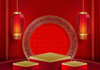 2022 yılı mutlu Çin yılı için Çin tarzı podyum sahnesi, Asya unsurları ile sanat ve zanaat kesimi ve renk arka planı (Çince çevirisi: mutlu yeni yıl 2022, kaplan yılı)