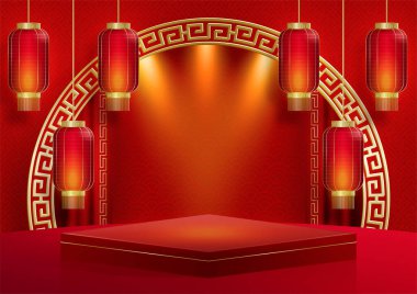 2022 yılı mutlu Çin yılı için Çin tarzı podyum sahnesi, Asya unsurları ile sanat ve zanaat kesimi ve renk arka planı (Çince çevirisi: mutlu yeni yıl 2022, kaplan yılı)