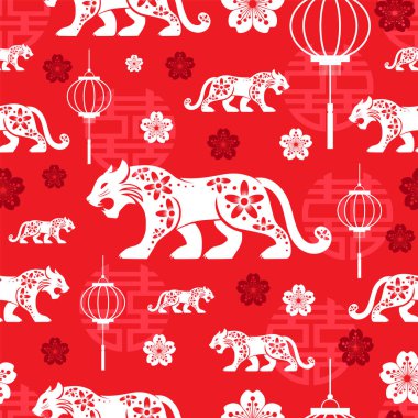 Kaplan 2022 'nin mutlu Çin yeni yılı için renklendirilmiş Asya unsurları ile kusursuz desen, el ilanları, poster ve afiş, (çeviri:)