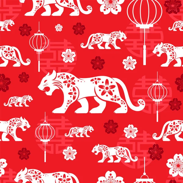 Kaplan 2022 'nin mutlu Çin yeni yılı için renklendirilmiş Asya unsurları ile kusursuz desen, el ilanları, poster ve afiş, (çeviri:)