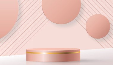 3d Yuvarlak podyum sahnesi kağıt kesim stili üzerinde güzel ve yaratıcı sembollerle kozmetik marka tasarımı ve reklamcılığı için renk arkaplanı