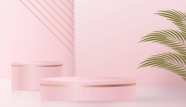 3d Yuvarlak podyum sahnesi kağıt kesim stili üzerinde güzel ve yaratıcı sembollerle kozmetik marka tasarımı ve reklamcılığı için renk arkaplanı