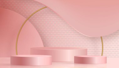 3d Yuvarlak podyum sahnesi kağıt kesim stili üzerinde güzel ve yaratıcı sembollerle kozmetik marka tasarımı ve reklamcılığı için renk arkaplanı
