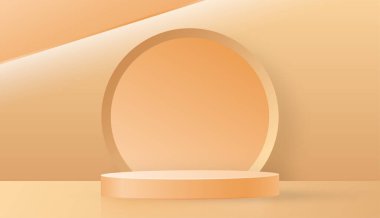 3d Yuvarlak podyum sahnesi kağıt kesim stili üzerinde güzel ve yaratıcı sembollerle kozmetik marka tasarımı ve reklamcılığı için renk arkaplanı