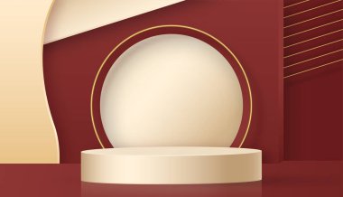 3d Yuvarlak podyum sahnesi kağıt kesim stili üzerinde güzel ve yaratıcı sembollerle kozmetik marka tasarımı ve reklamcılığı için renk arkaplanı