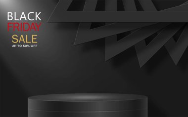 Kara Cuma satış posteri için 3d Round veya kare podyum sahnesi afiş, poster veya web sitesi için arka planda siyah kağıt kesim ve zanaat stili