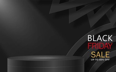 Kara Cuma satış posteri için 3d Round veya kare podyum sahnesi afiş, poster veya web sitesi için arka planda siyah kağıt kesim ve zanaat stili