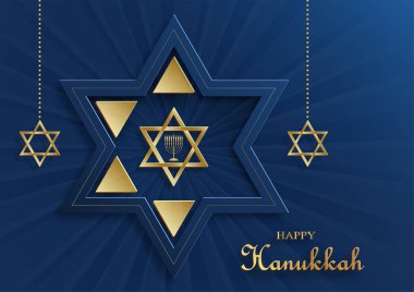 Hanuka bayramı için güzel ve yaratıcı sembolleri olan mutlu Hanuka kartları ve altın kağıt kesim tarzı Hanuka Yahudi bayramı (çeviri: Mutlu Hanukka günleri, Hag Hanukka)