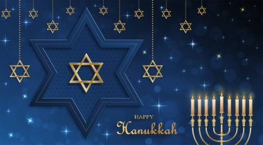 Hanuka bayramı için güzel ve yaratıcı sembolleri olan mutlu Hanuka kartları ve altın kağıt kesim tarzı Hanuka Yahudi bayramı (çeviri: Mutlu Hanukka günleri, Hag Hanukka)
