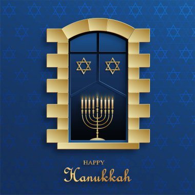 Hanuka bayramı için güzel ve yaratıcı sembolleri olan mutlu Hanuka kartları ve altın kağıt kesim tarzı Hanuka Yahudi bayramı (çeviri: Mutlu Hanukka günleri, Hag Hanukka)