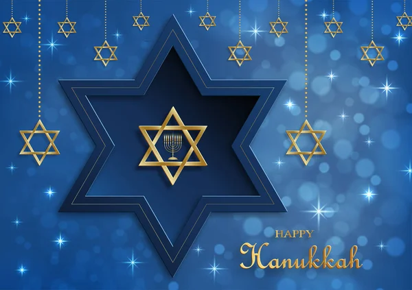 Cartão Hanukkah Feliz Com Símbolos Agradáveis Criativos Estilo Corte Papel — Vetor de Stock