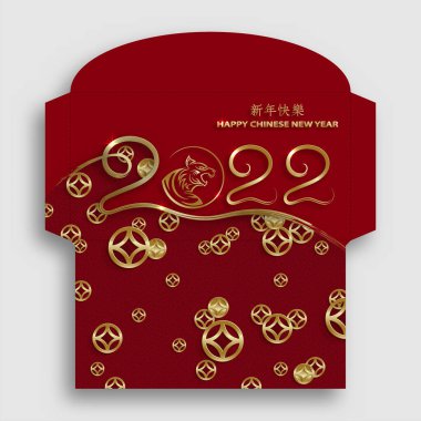Çin Yeni Yılı 2022. Şanslı kırmızı zarf. Altın kağıtlı para paketi. Kırmızı arka planda sanat ve zanaat stili.