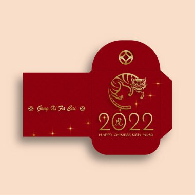 Çin Yeni Yılı 2022. Şanslı kırmızı zarf. Altın kağıtlı para paketi. Kırmızı arka planda sanat ve zanaat stili.