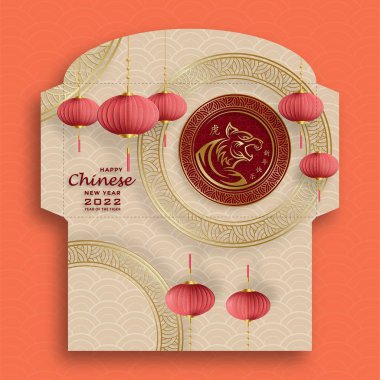 Çin Yeni Yılı 2022. Şanslı kırmızı zarf. Altın kağıtlı para paketi. Kırmızı arka planda sanat ve zanaat stili.