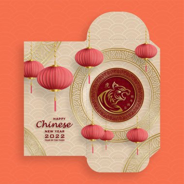 Çin Yeni Yılı 2022. Şanslı kırmızı zarf. Altın kağıtlı para paketi. Kırmızı arka planda sanat ve zanaat stili.