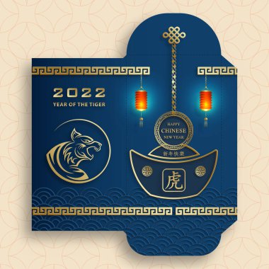 Çin Yeni Yılı 2022. Şanslı kırmızı zarf. Altın kağıtlı para paketi. Kırmızı arka planda sanat ve zanaat stili.