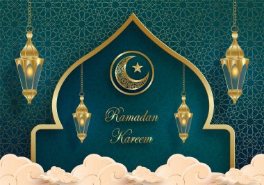 Ramazan Kareem İslami zemin üzerine tasarlandı. Kağıt rengi arka planda altın desenli.