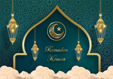 Ramadan Kareem design on Islamic background with gold pattern on paper color background clipart