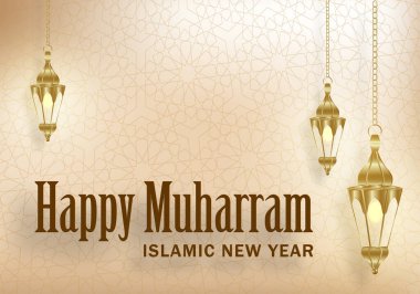 Mutlu Muharram, İslami Yeni Yıl, yeni Hijri yılı tasarımı. Renkli altın desenli.