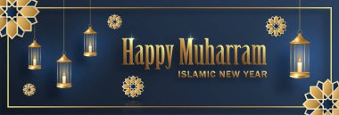 Mutlu Muharram, İslami Yeni Yıl, yeni Hijri yılı tasarımı. Renkli altın desenli.