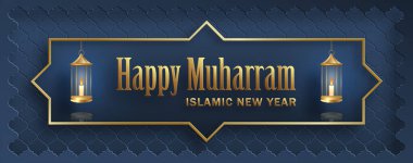 Mutlu Muharram, İslami Yeni Yıl, yeni Hijri yılı tasarımı. Renkli altın desenli.