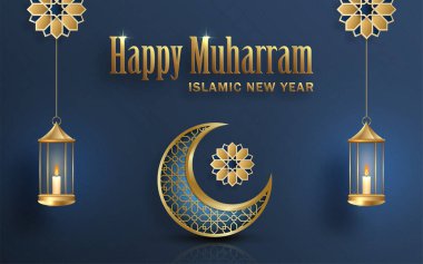 Mutlu Muharram, İslami Yeni Yıl, yeni Hijri yılı tasarımı. Renkli altın desenli.