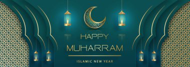 Mutlu Muharram, İslami Yeni Yıl, yeni Hijri yılı tasarımı. Renkli altın desenli.