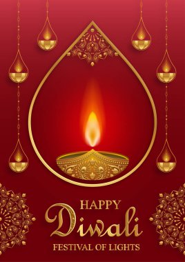Mutlu Diwali vektör çizimleri. Bayram Diwali ve Deepawali kartı. Hint renk arkaplan ışık festivali