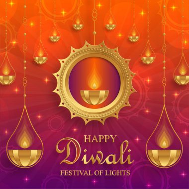 Mutlu Diwali vektör çizimleri. Bayram Diwali ve Deepawali kartı. Hint renk arkaplan ışık festivali