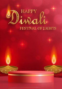 3D Podyum sahne tarzı, Diwali, Deepavali ya da Dipavali için, Diya lambalı Hint ışık festivali.