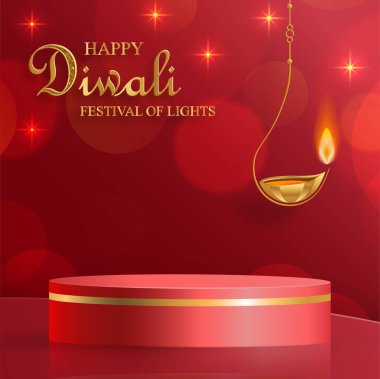 3D Podyum sahne tarzı, Diwali, Deepavali ya da Dipavali için, Diya lambalı Hint ışık festivali.
