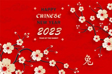 Mutlu Çin Yeni Yılı 2023 Tavşan Zodiac tabelası, arka planda sanat ve zanaat kesimi