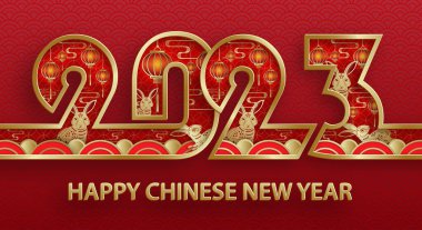 Mutlu Çin Yeni Yılı 2023 Tavşan Zodiac tabelası, arka planda sanat ve zanaat kesimi