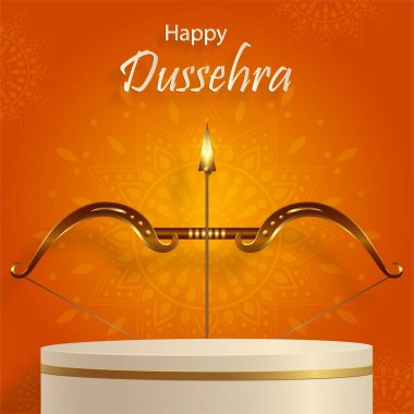 Dussehra festivali kutlamaları için 3D Podyum sahne tarzı, doğu unsurları ve renk arka planında ok yayı olan Lord Rama sembollerinin Hint illüstrasyonu