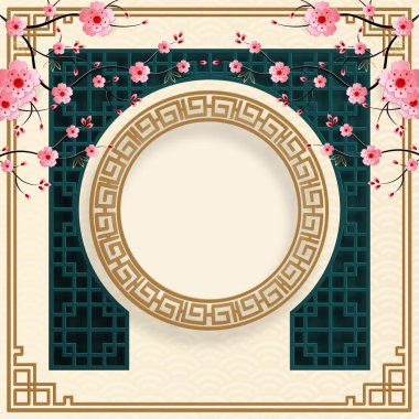 Doğu Asya kökenli Çin çerçevesi, düğün davetiyesi için, mutlu yıllar, mutlu yıllar, sevgililer günü, tebrik kartları, poster ya da web afişi.