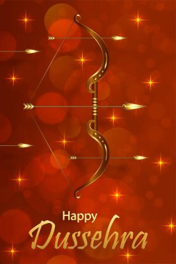 Mutlu Dussehra festivali kutlamaları, Lord Rama sembollerinin Hint illüstrasyonları ve doğu unsurları ve ok yayı ile 