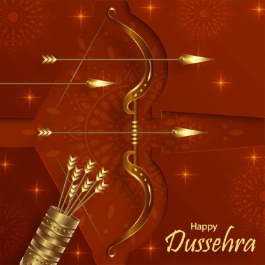 Mutlu Dussehra festivali kutlamaları, Lord Rama sembollerinin Hint illüstrasyonları ve doğu unsurları ve ok yayı ile 