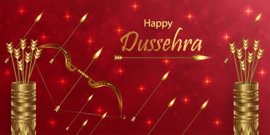 Mutlu Dussehra festivali kutlamaları, Lord Rama sembollerinin Hint illüstrasyonları ve doğu unsurları ve ok yayı ile 