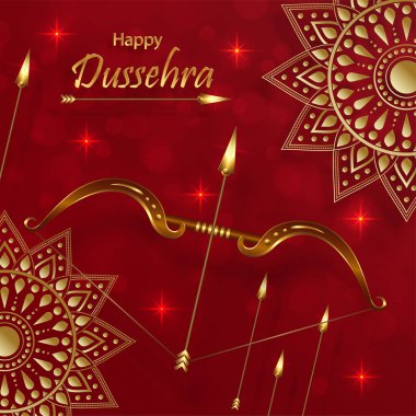 Mutlu Dussehra festivali kutlamaları, Lord Rama sembollerinin Hint illüstrasyonları ve doğu unsurları ve ok yayı ile 