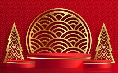 3d Podyum sahne tarzı, Mutlu Noeller ve mutlu yıllar ve festivaller için veya kağıt kesiği sanat ve sanat eserleri ve renk arkaplan ve festival elementleri üzerine bir karşılama festivali