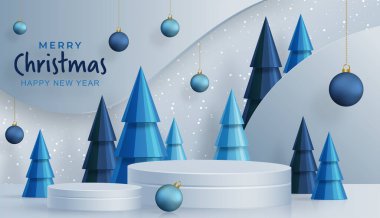 3d Podyum sahne tarzı, Mutlu Noeller ve mutlu yıllar ve festivaller için veya kağıt kesiği sanat ve sanat eserleri ve renk arkaplan ve festival elementleri üzerine bir karşılama festivali