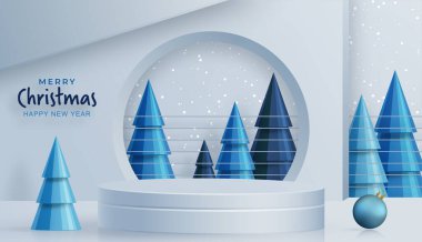 3d Podyum sahne tarzı, Mutlu Noeller ve mutlu yıllar ve festivaller için veya kağıt kesiği sanat ve sanat eserleri ve renk arkaplan ve festival elementleri üzerine bir karşılama festivali